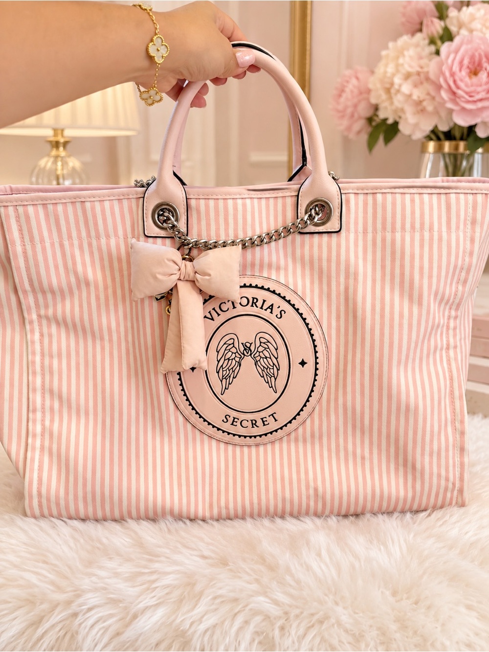 Victoria's Secret Pink & White Striped Tote with Bow Charm